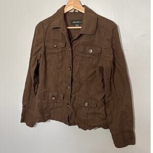 Women's Size M 100% Linen Eddie Bauer Army Green Brown Button Jacket Early 2000s